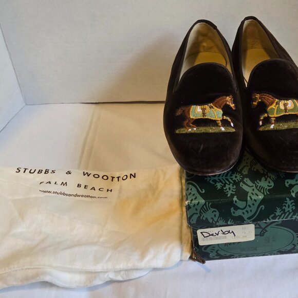 Stubbs & Wootton Slippers DERBY Horses Equestrian Brown Velvet 9.5 - Picture 1 of 6